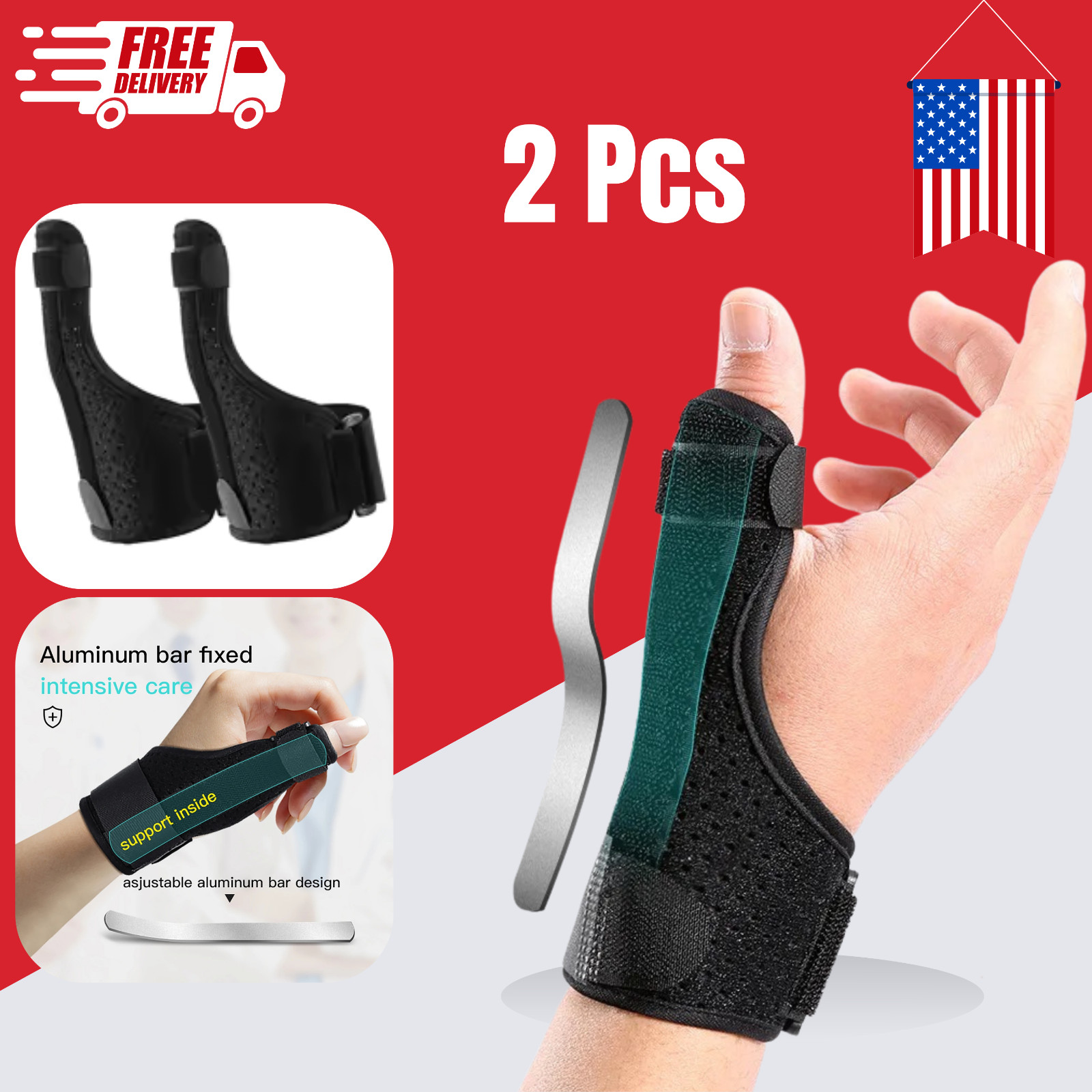 2PCS Thumb Support Splint Adjustable Thumb Stabilizer Left Right Hand Black Set