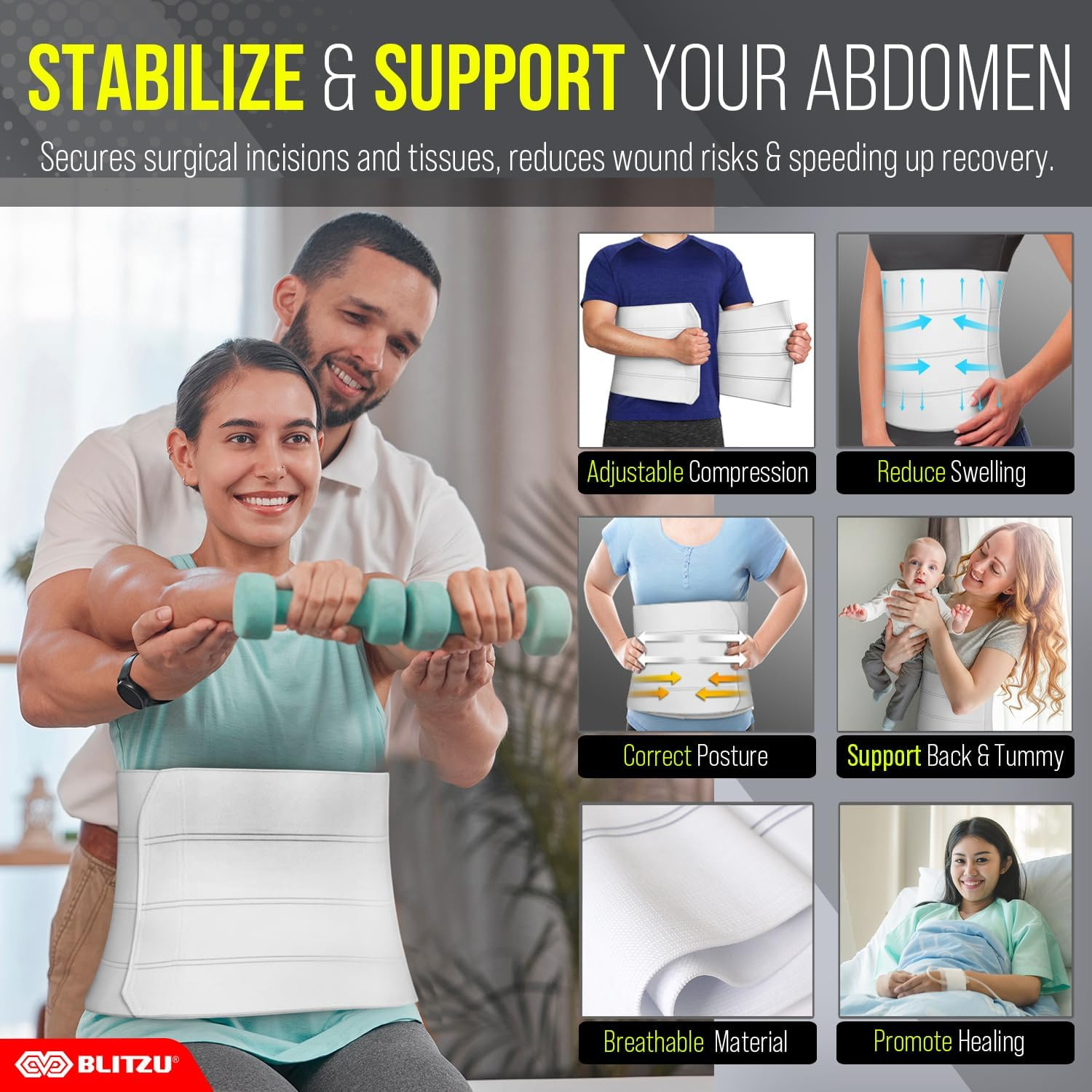 Abdominal Binder for Women & Men Post Surgery Recovery, 12 Inch 4 Panel Waist