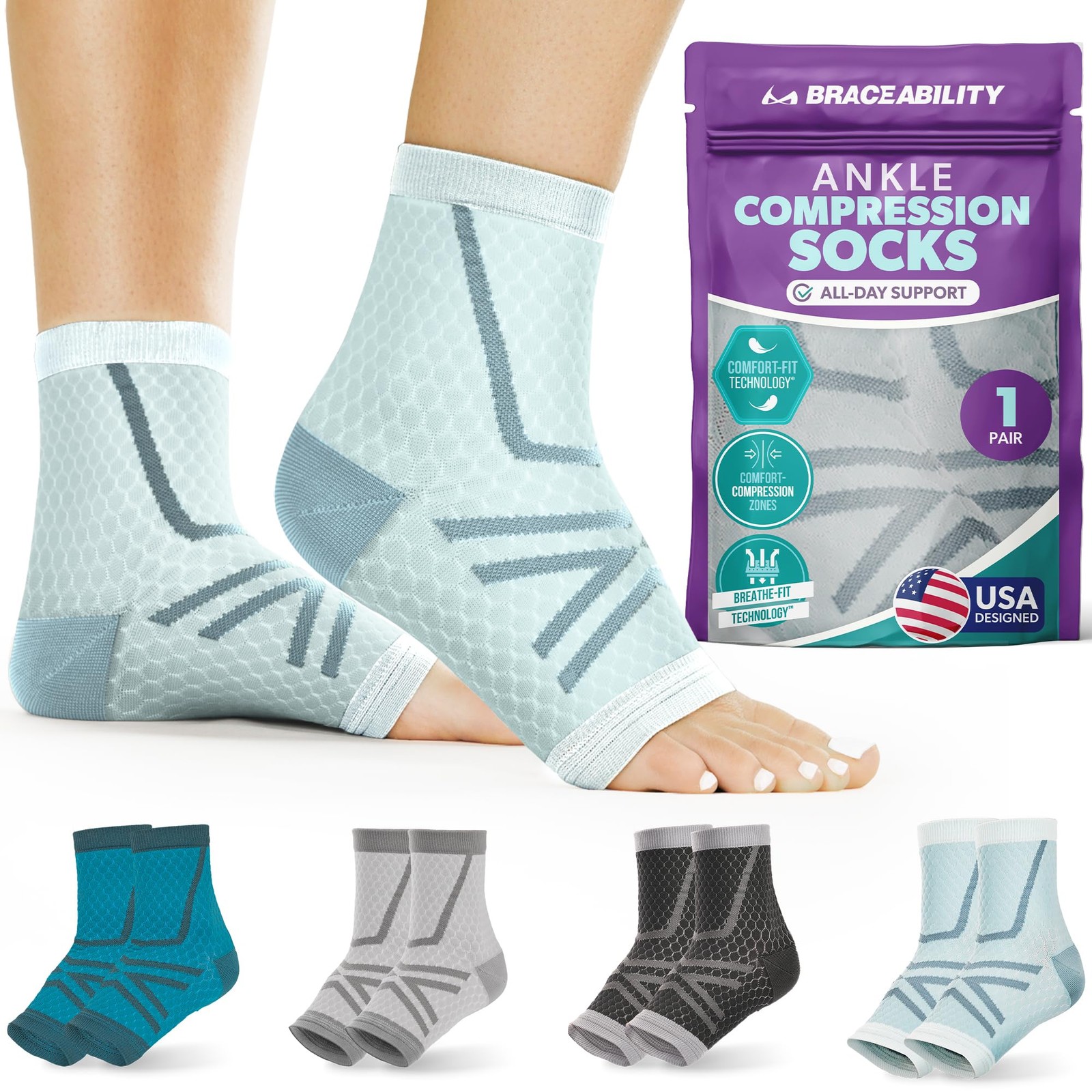 Athletic Ankle Compression Socks Toeless Brace Sleeves Sports M Light Blue