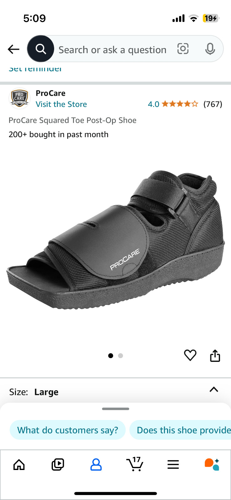 ProCare Squared Toe Post-Op Shoe Size: Large ( Wear on the left or right )