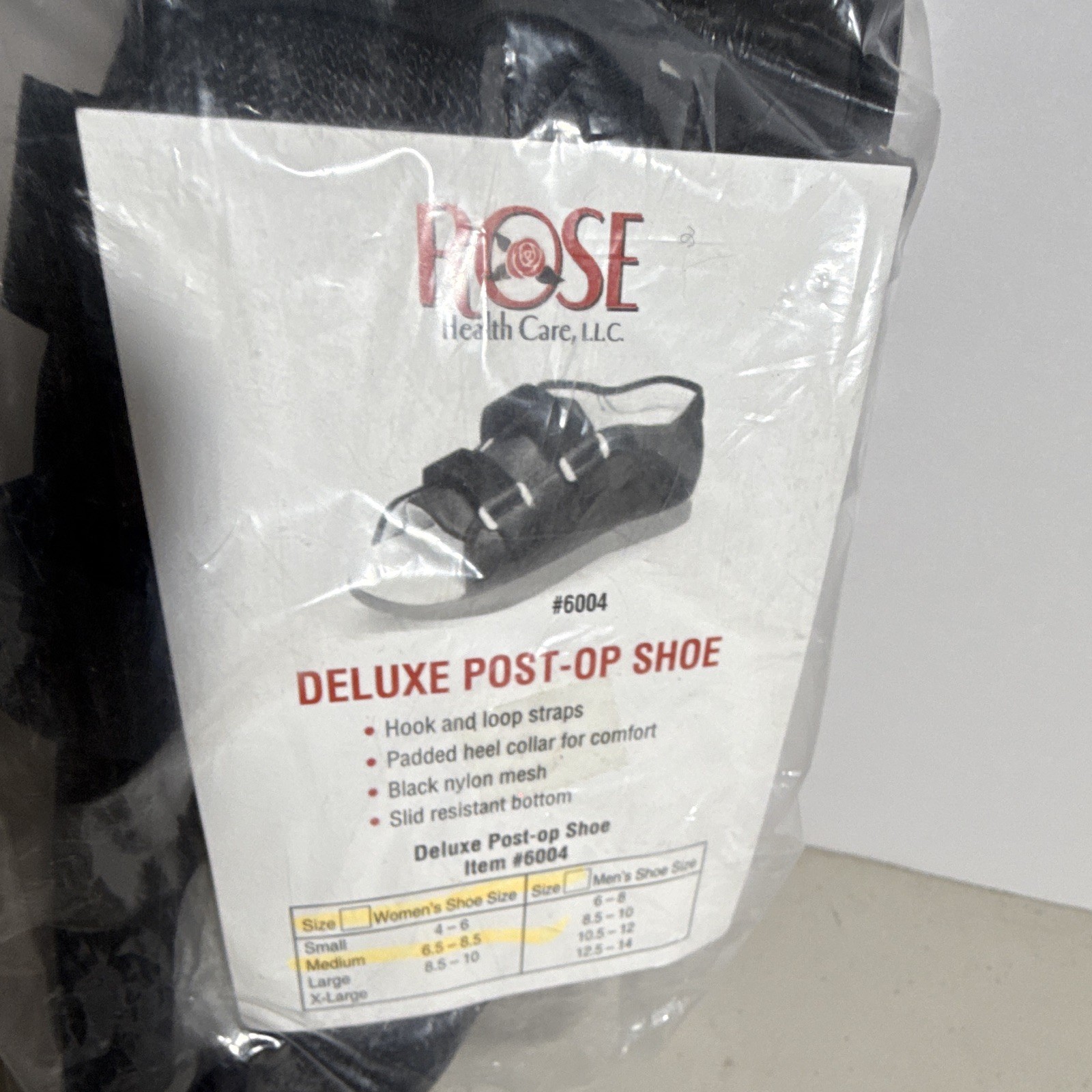 ROSE Health Care Deluxe Post-Op Shoe Black Medium Hook & Loop Straps MPN 6004