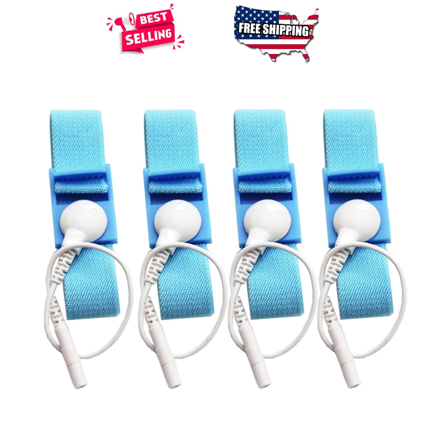 Adjustable Estim Wristband Kit 4 Blue Straps 4 White 2mm Pin Connector Wires