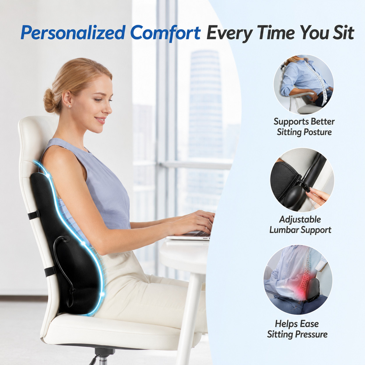 ZIKEE Memory Foam Lumbar Support Pillow Adjustable Airbag Car Truck Office Seat