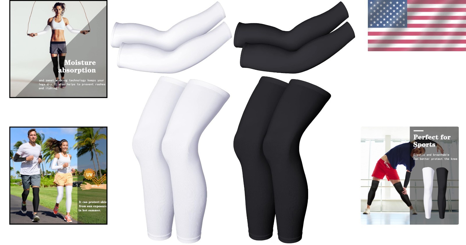 UV Protection Compression Sleeves – 2 Pairs of Black and White Large Sizes
