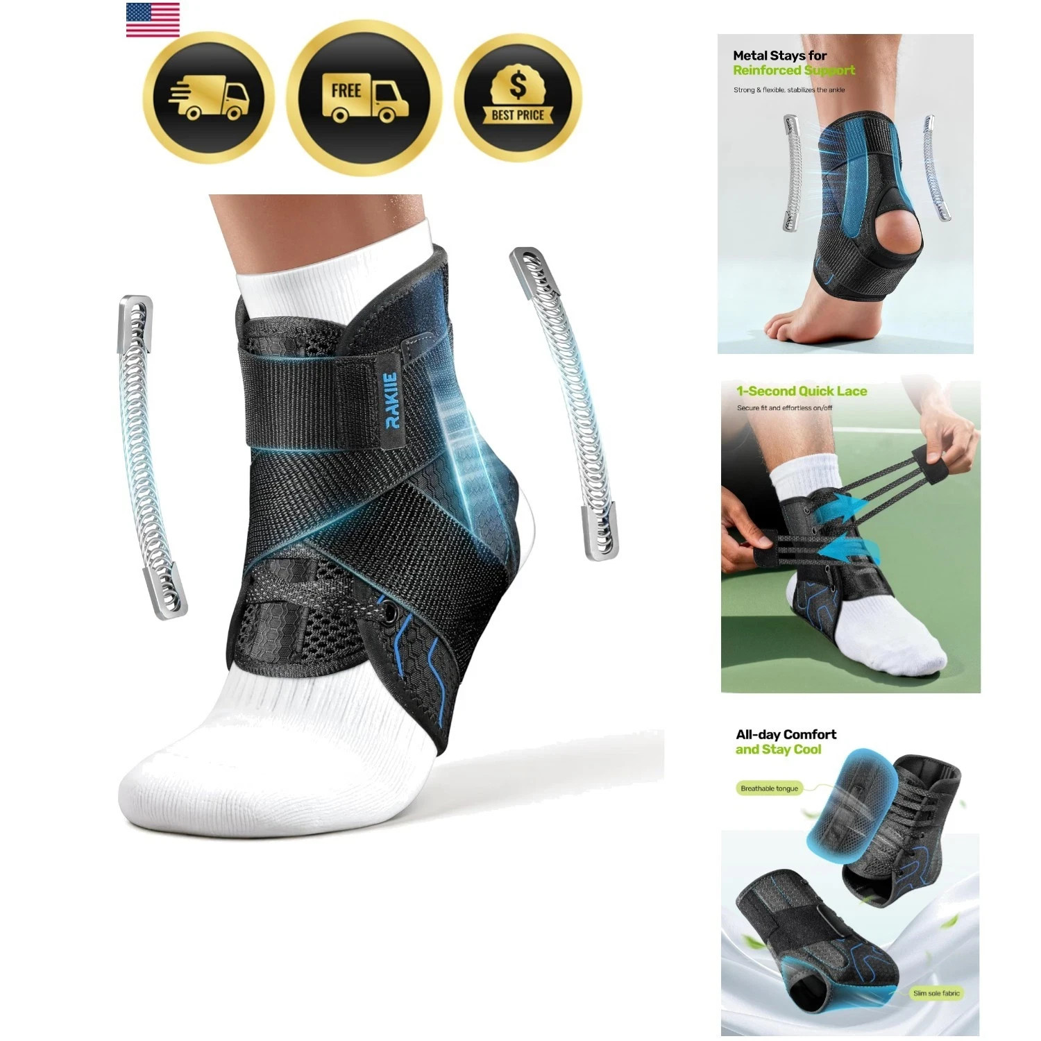 Quick Lace Up Ankle Brace with 2 Metal Support Stays, Breathable Stabilizer f…