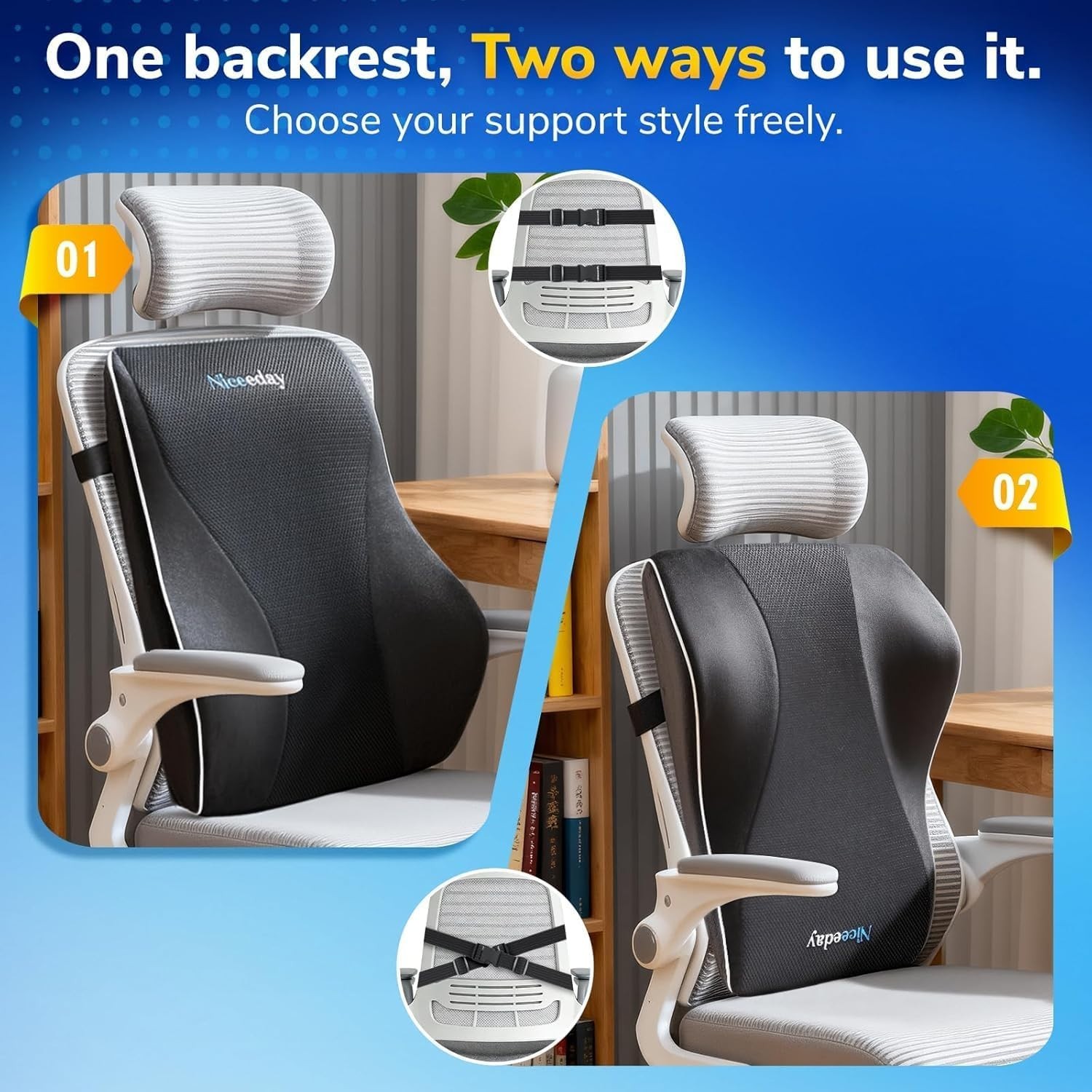 Niceeday Memory Foam Lumbar Support Pillow Office Chair Car Back Cushion Black