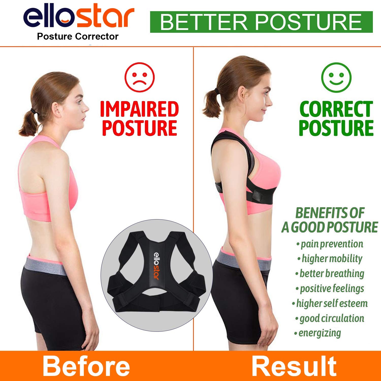 ellostar Back Brace Posture Corrector for Women and Men, Lumbar Large