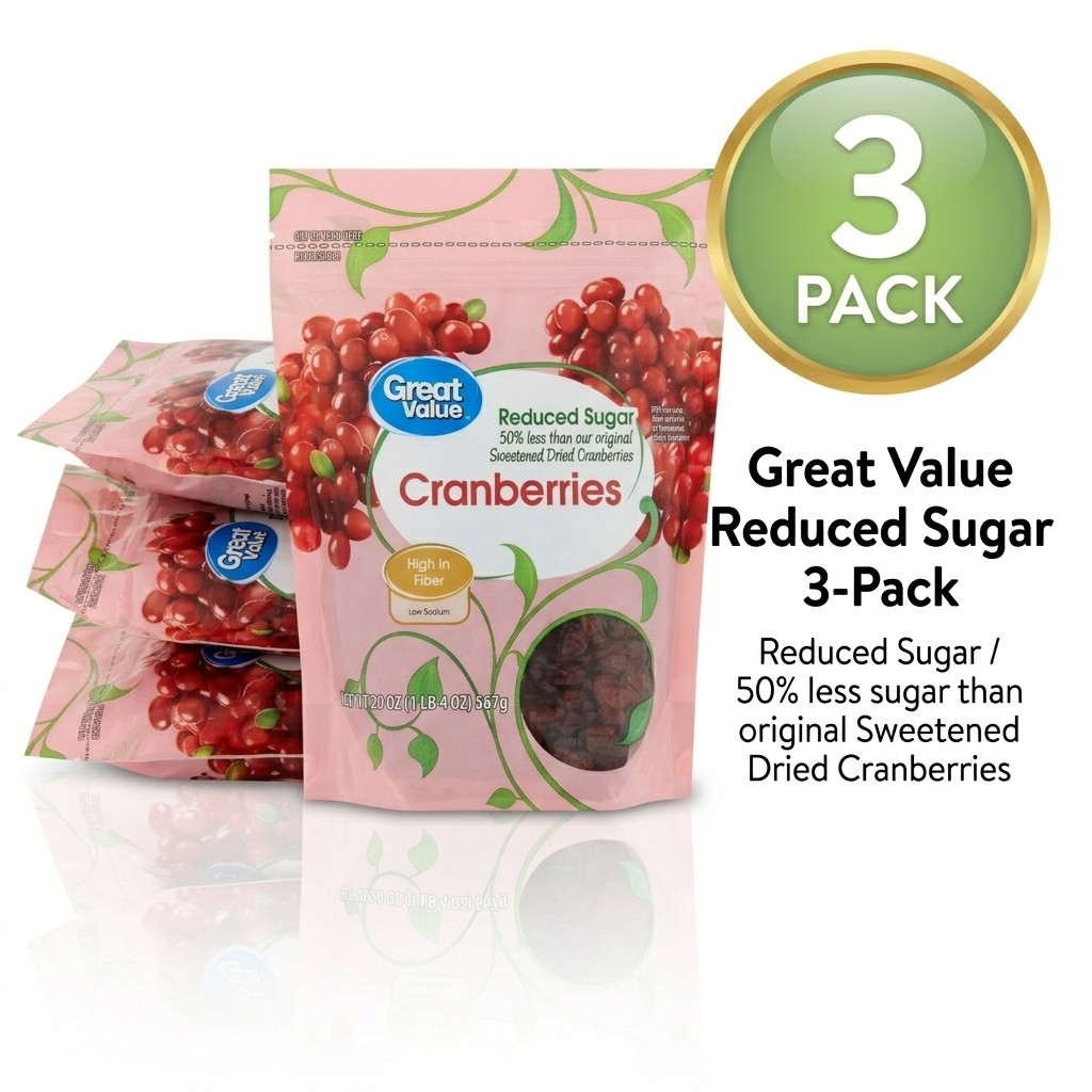 (3-Pack) Great Value Reduced Sugar Dried Cranberries, 20 oz Fruit Snacks