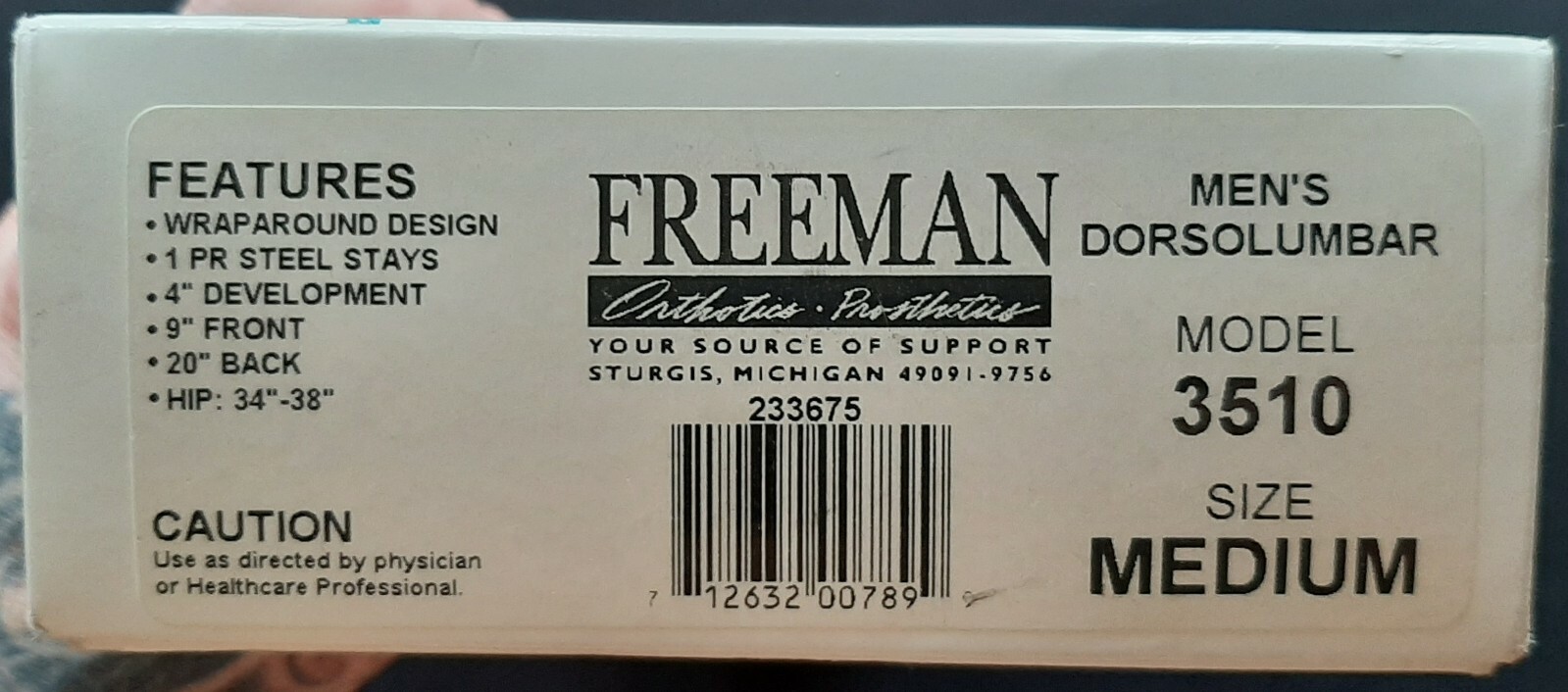 FREEMAN MEN’S DORSOLUMBAR Back Support Model 3510 Size Medium