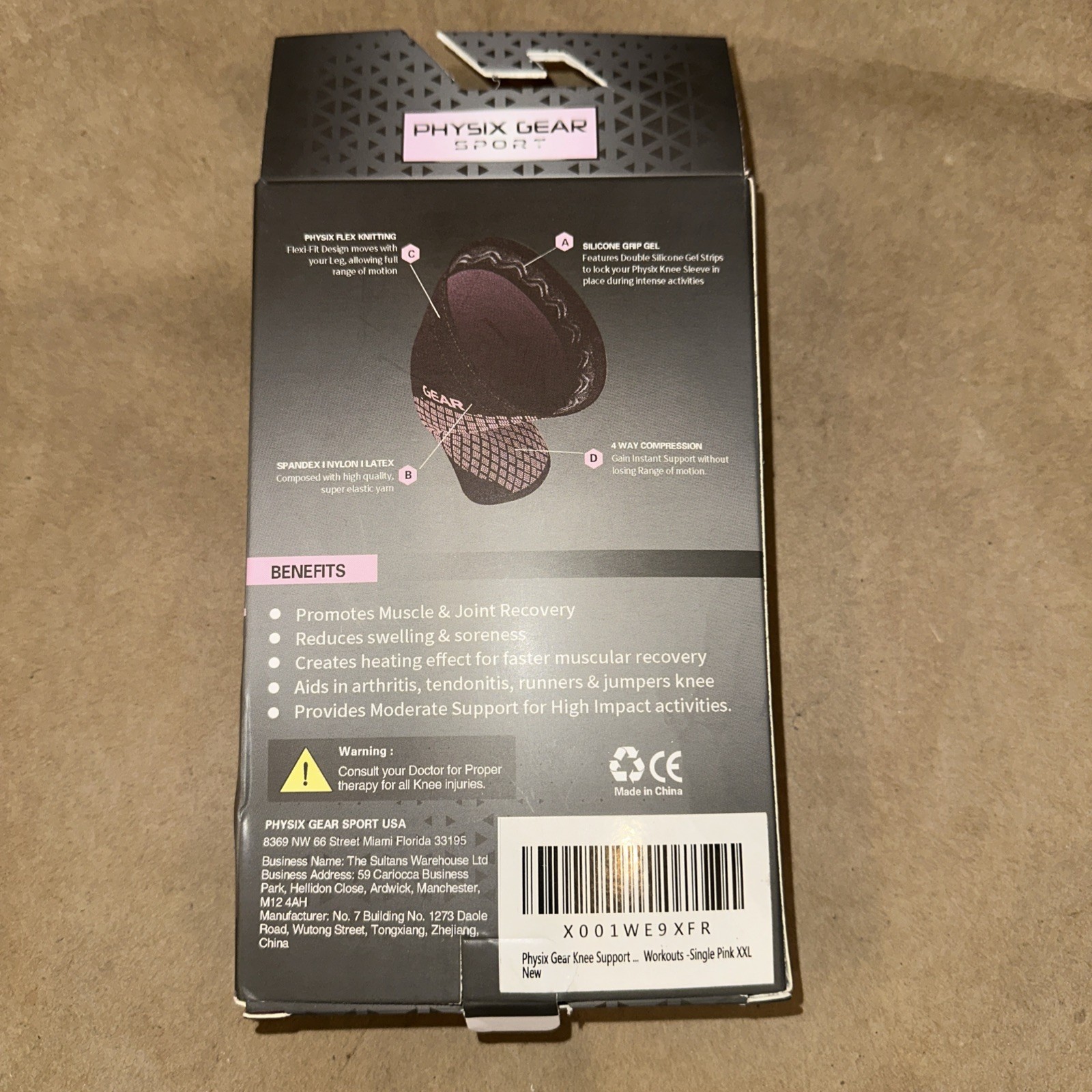 Physix Gear Sport Pink & Black Knee Brace Compression Sleeve Unisex XL
