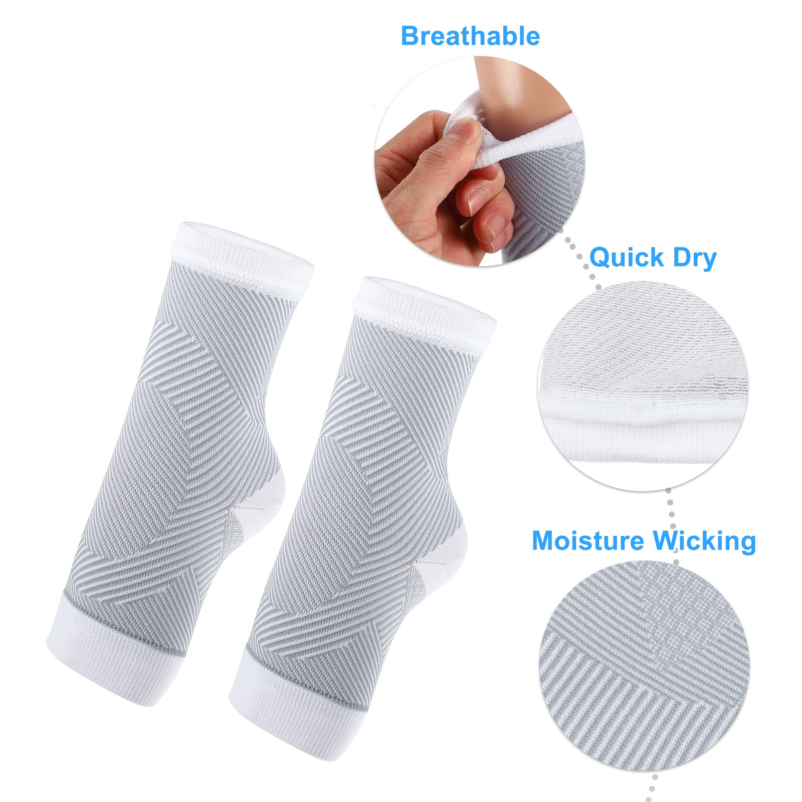 2 Pieces Ankle Compression Sleeve Socks Foot Support Brace White Gray Size S/M
