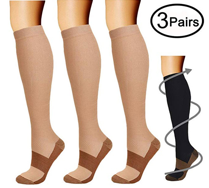 (3 Pairs) Copper Infused Compression Socks 15-20mmHg Graduated UNISEX S-XXL