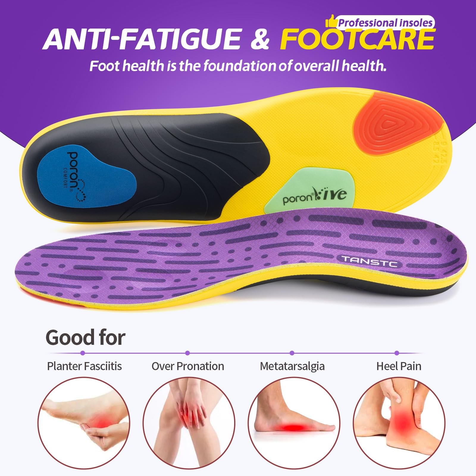 TANSTC Heavy Duty High Arch Support Inserts 220+ lbs Plantar Fasciitis Relief In
