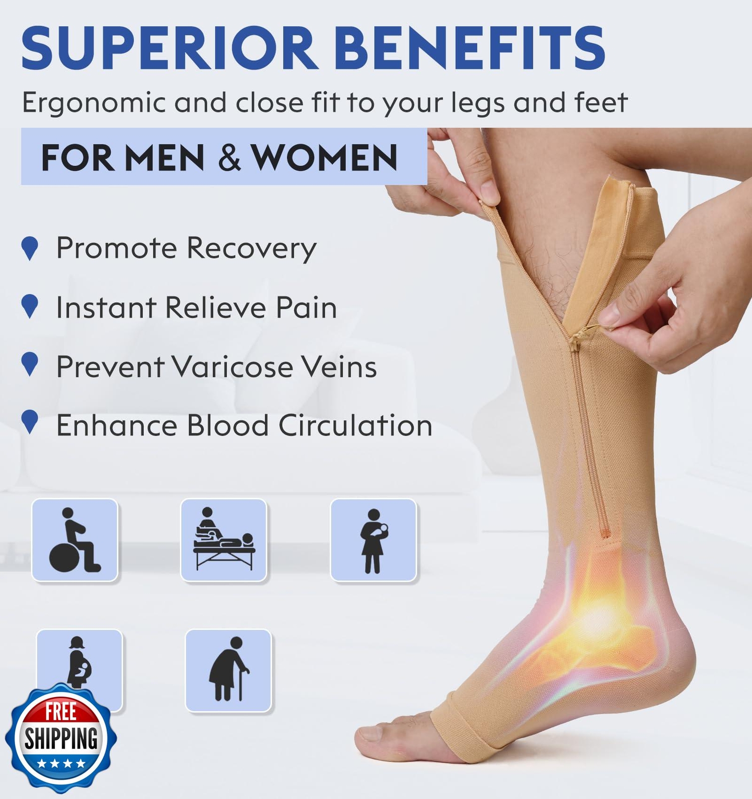 KEKING® Zipper Compression Socks for Men Women, Open Toe, 20-30mmHg Firm Supp