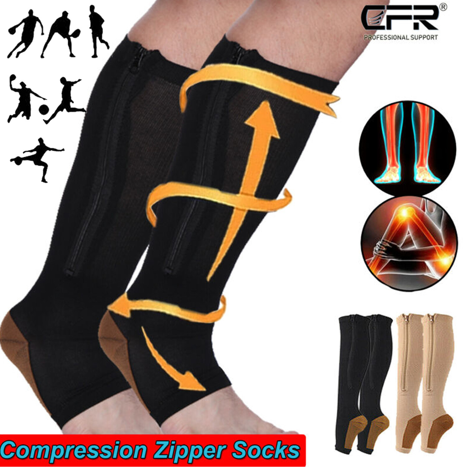 Copper Compression Socks Calf Foot Sleeve Support Zipper Pain Relief – Men Women