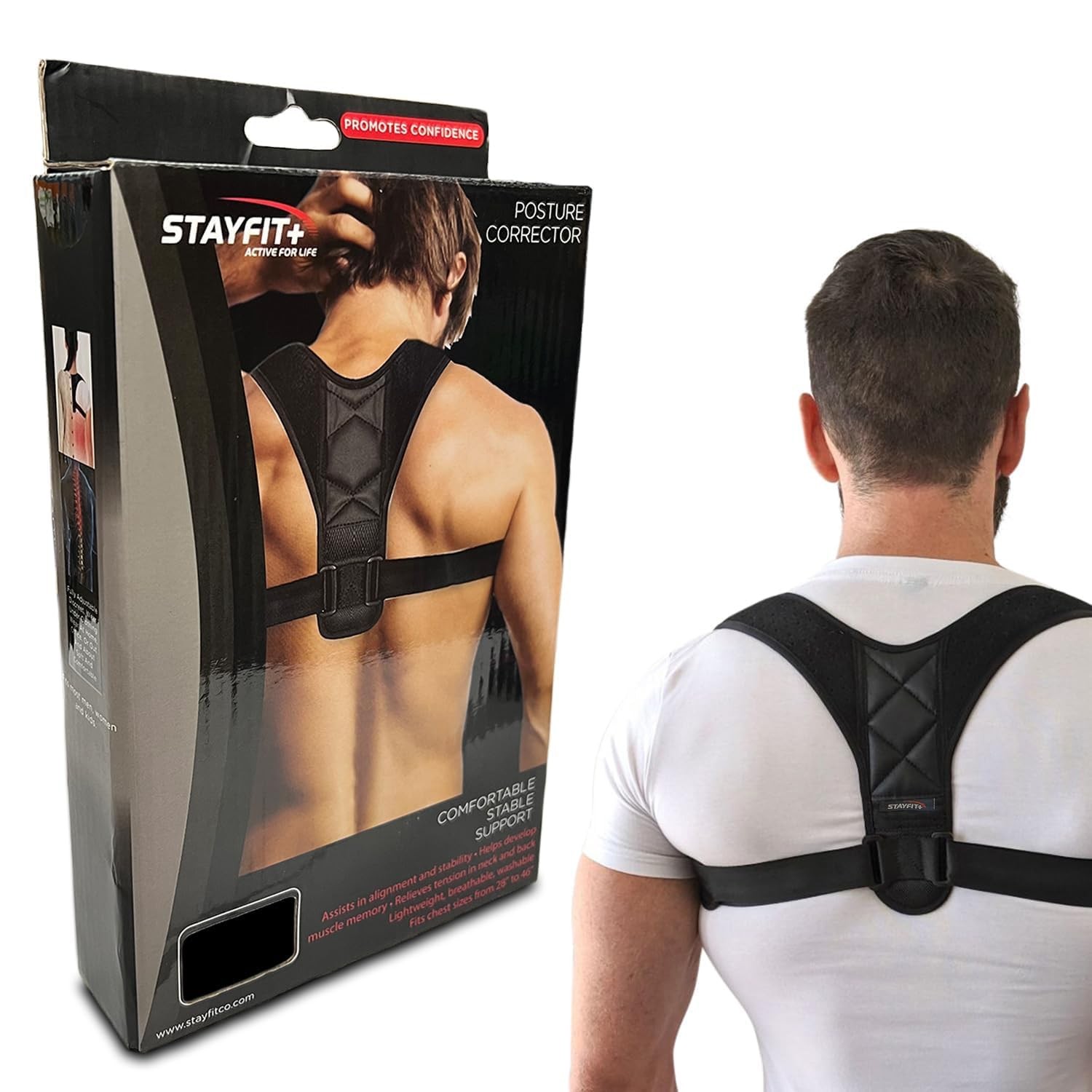 Stayfit Posture Corrector Unisex Back Brace, Adjustable Upper One Size, Black