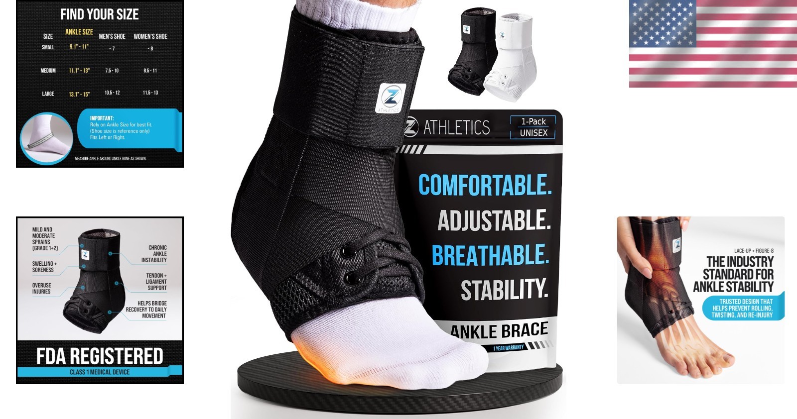 Lightweight Ankle Support Brace for Basketball, Volleyball, Running – Black