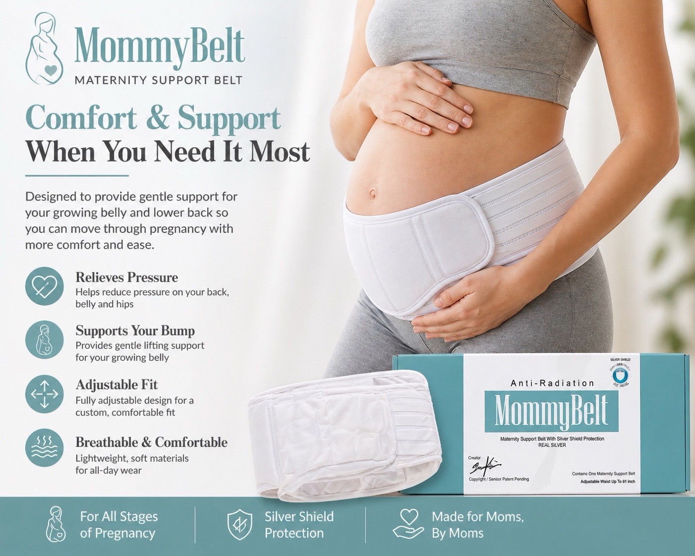 MommyBelt Maternity Support Belt Adjustable Silver Shield Protection White