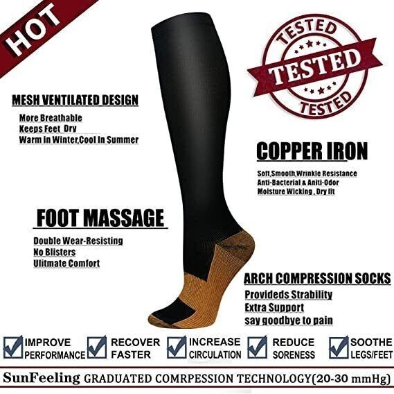 NEW Copper Compression Socks 20-30mmHg Graduated Support Mens Womens S-XXL