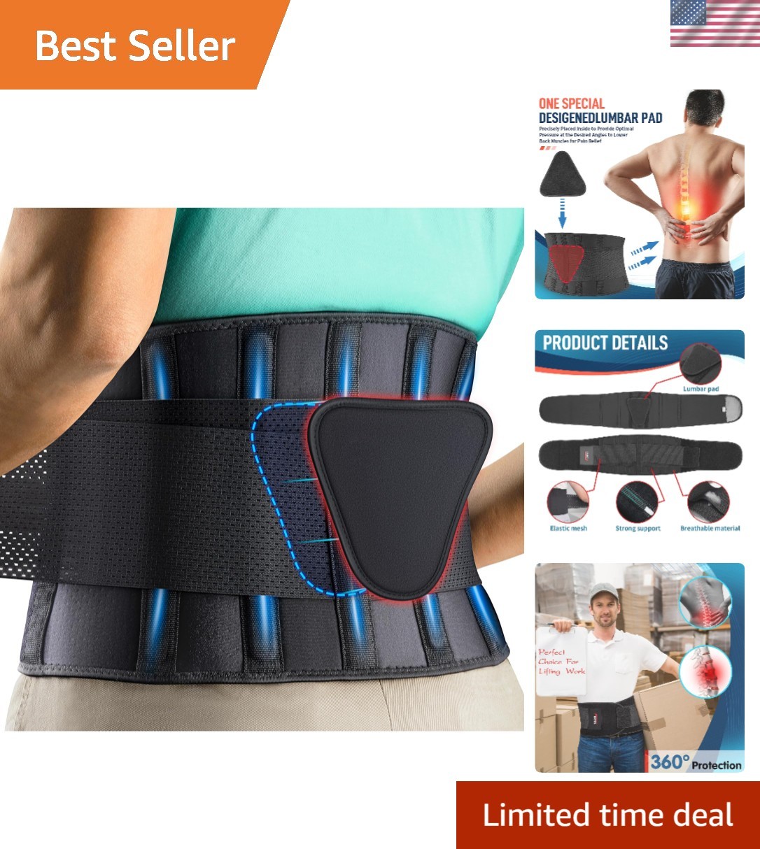 Lumbar Support Belt for Men & Women – Effective Back Pain Relief, 29.8-38.6 Size