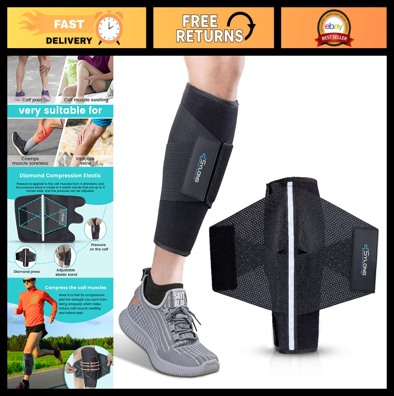 Calf Compression Wrap Brace for Men & Women – Swelling Relief, Torn Muscle Suppo