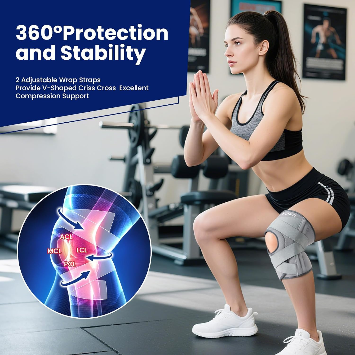 JOMVD Knee Brace for Knee Pain, Meniscus Tear, Adjustable Knee Support with Side