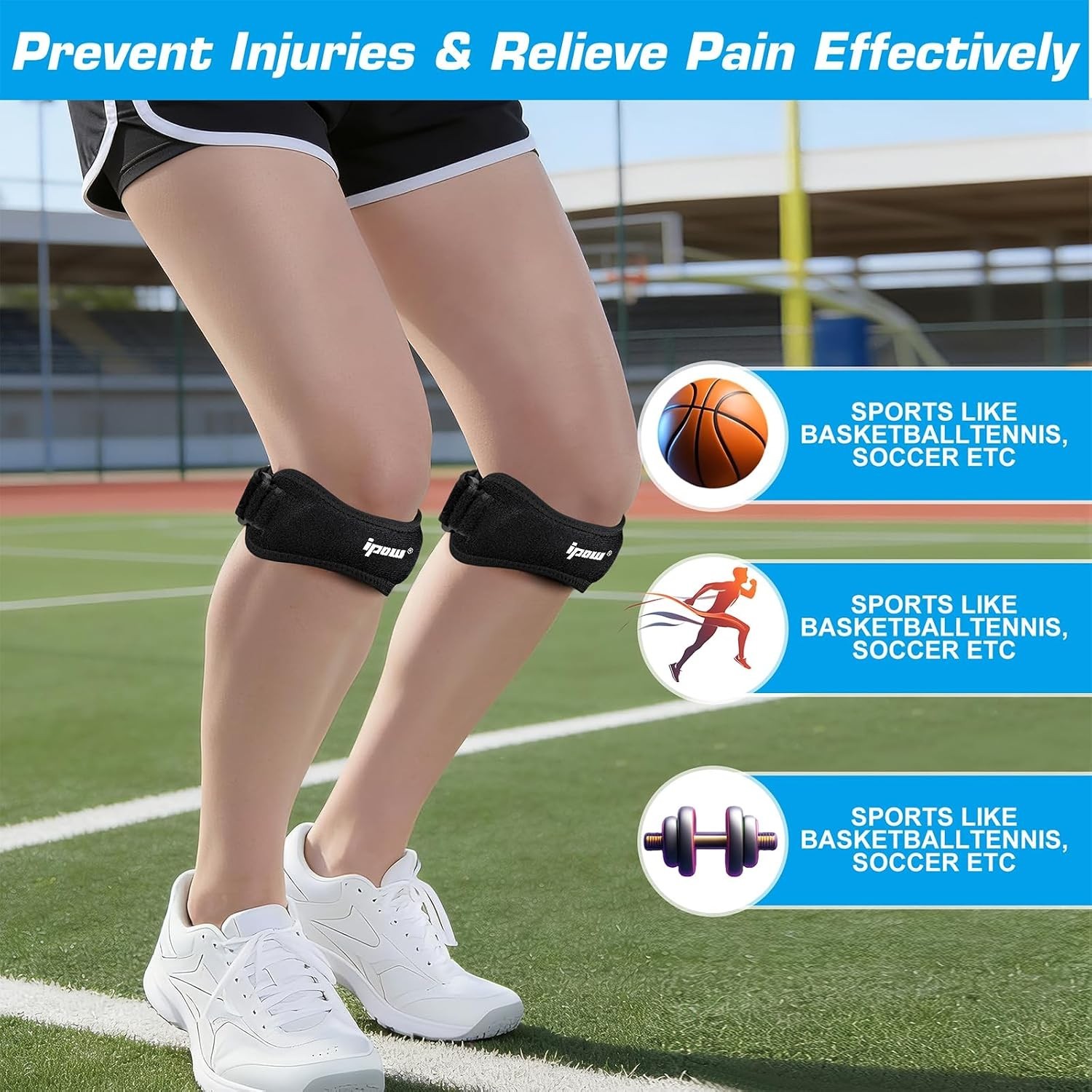IPOW Patella Tendon Knee Strap 2 Pack Pain Relief & One Size, Black
