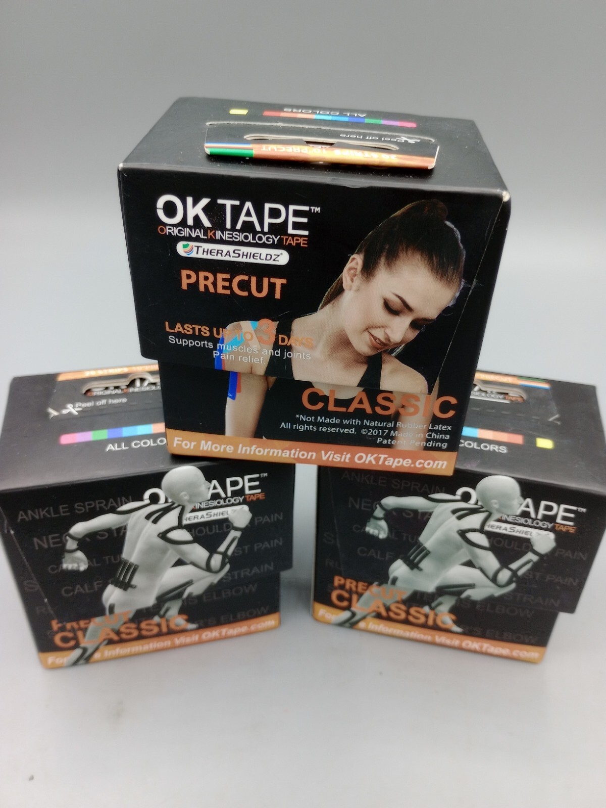 Lot Of 3 – OK TAPE Kinesiology Tape 10 inches Precut, Elastic Black