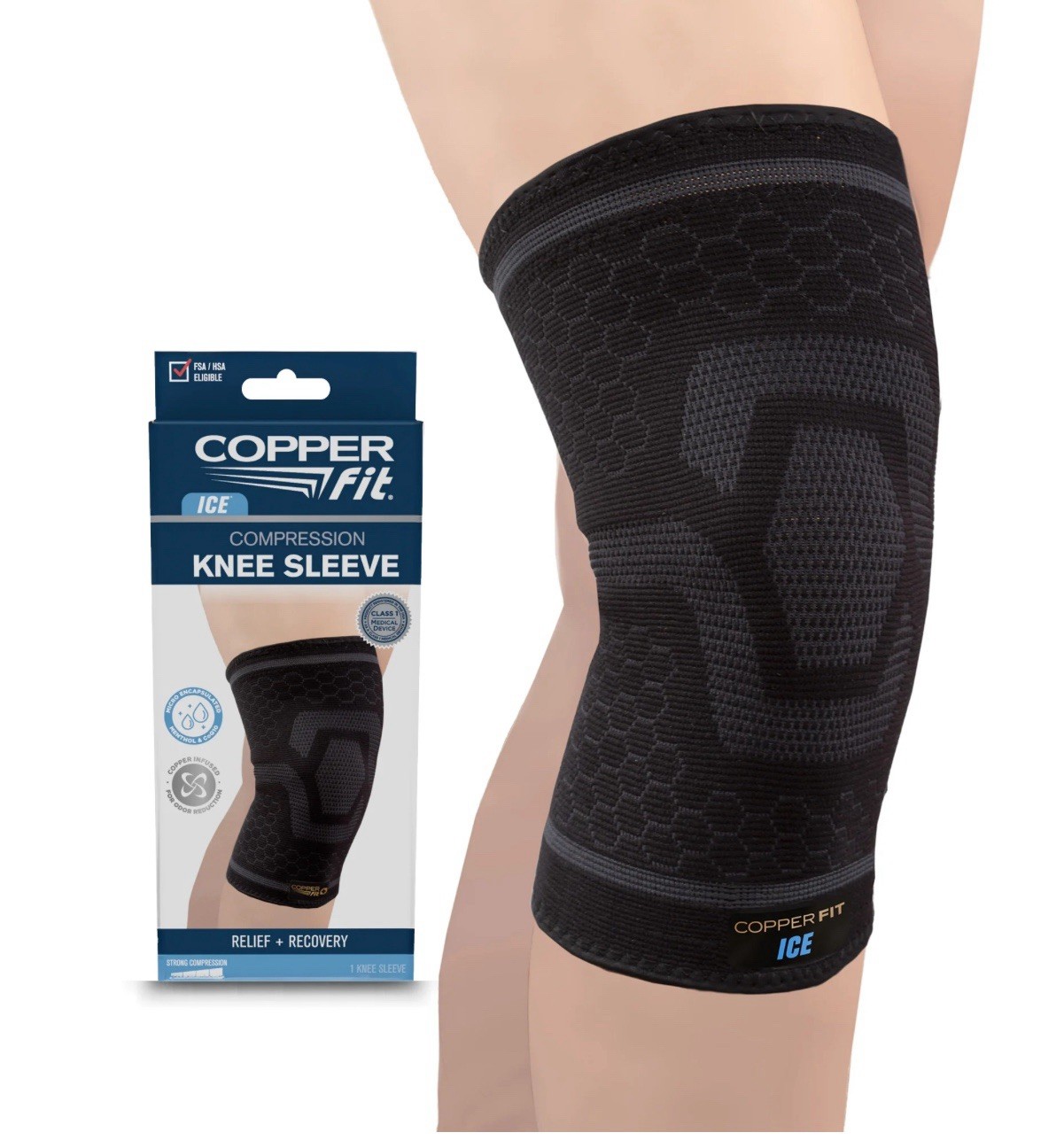 Copper Fit® ICE Compression Knee Sleeve, Menthol Infused, Large/XL, Black 1-Pack