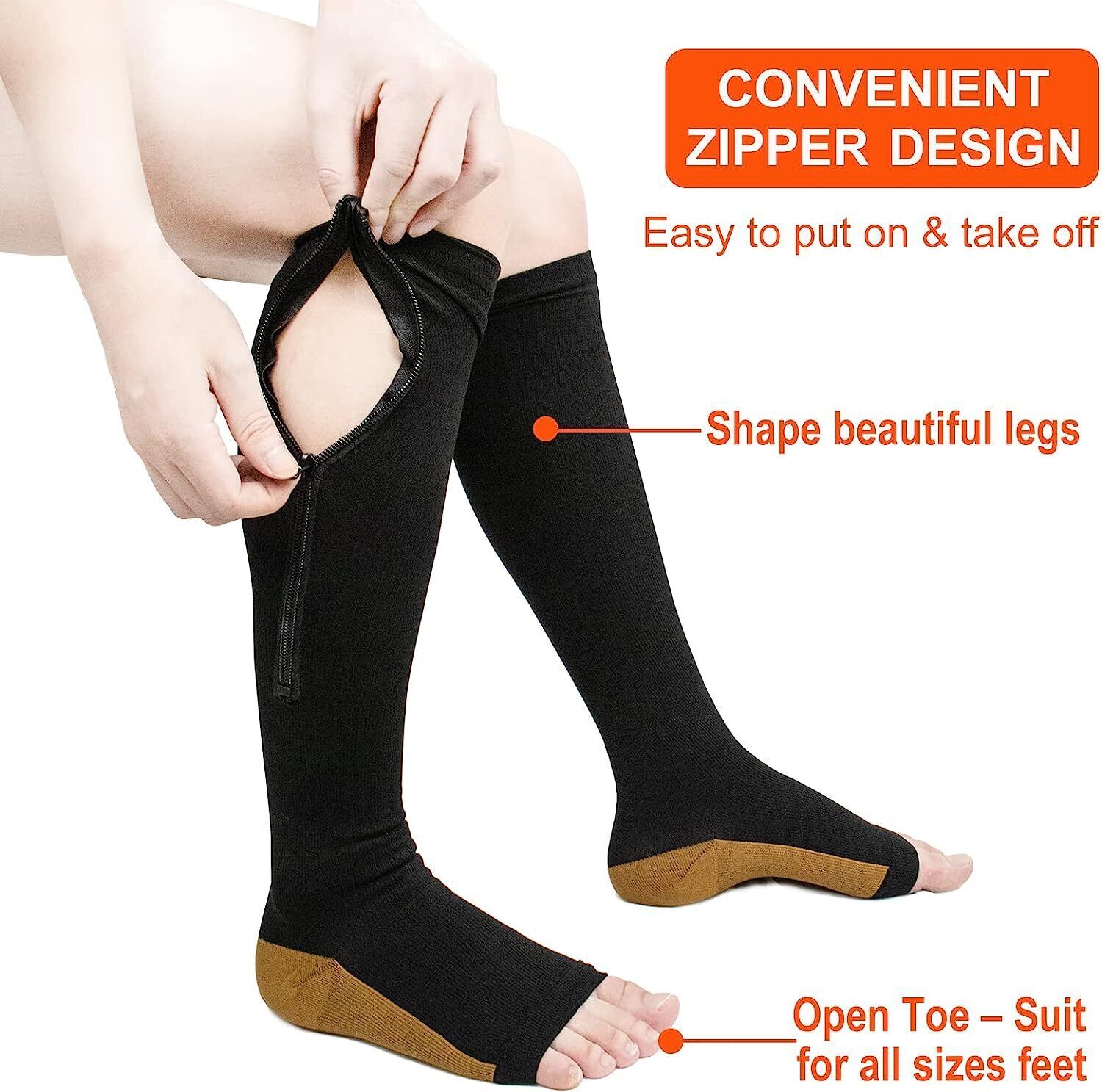 2 PAIRS Zip Up open Toe Compression Zipper Socks Calf Support Stocking Men Women