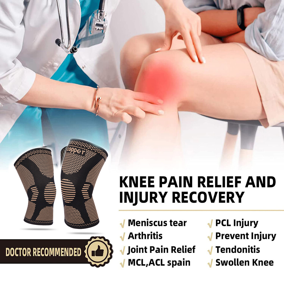 Copper Knee Brace Compression Sleeves Support Sport Joint Injury Pain Arthritis
