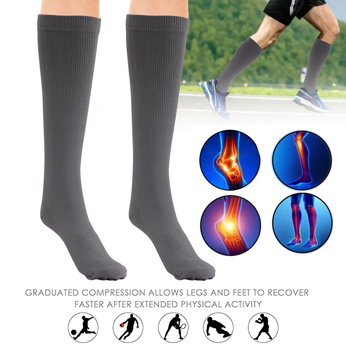 5-Pair Mens Womens Compression Socks 20-30mmHg Running Hiking Nurse Support Gray