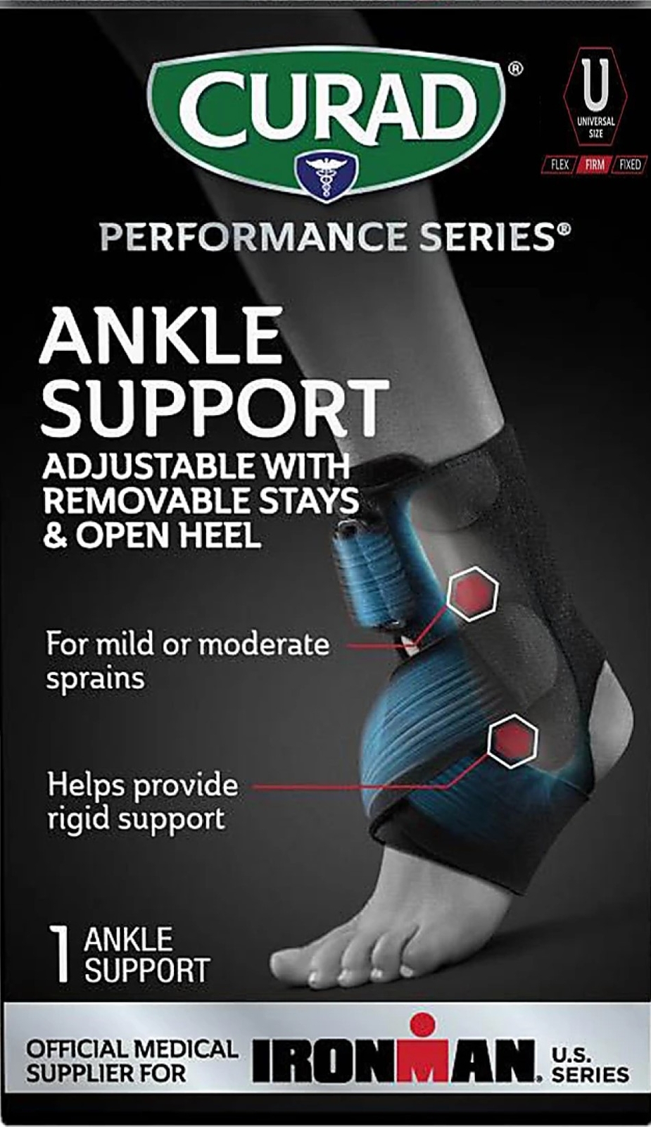 Curad Performance Series Ironman Ankle Support, Adjustable with Removable Stays