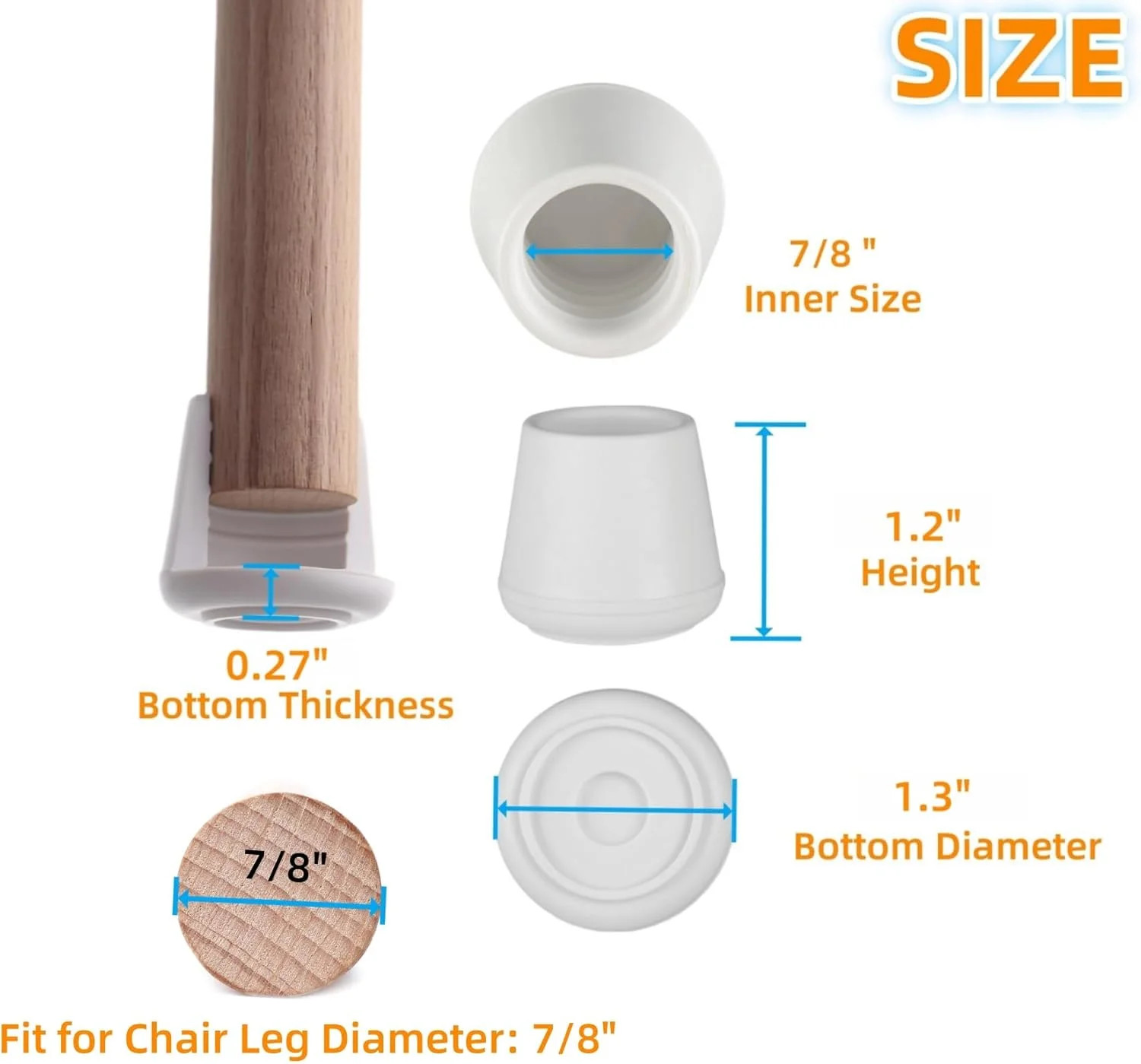 7/8″ Chair Leg Tips Caps, Non-Slip Rubber Leg Tips, Stool Leg Protectors Cap, Fo