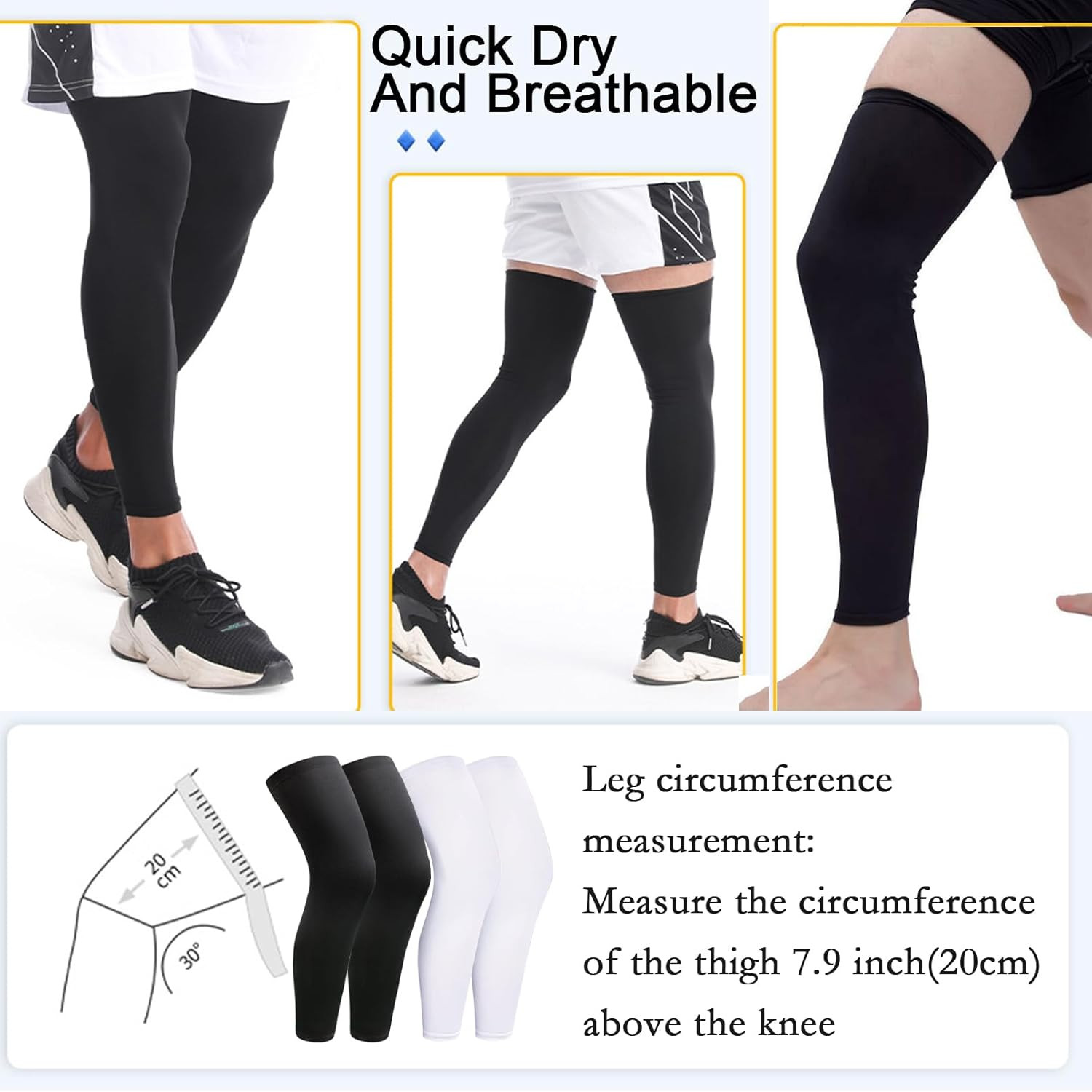 2 Pairs Compression Leg Sleeves Moisture Wicking Stretch Calf Sleeves Black Whit