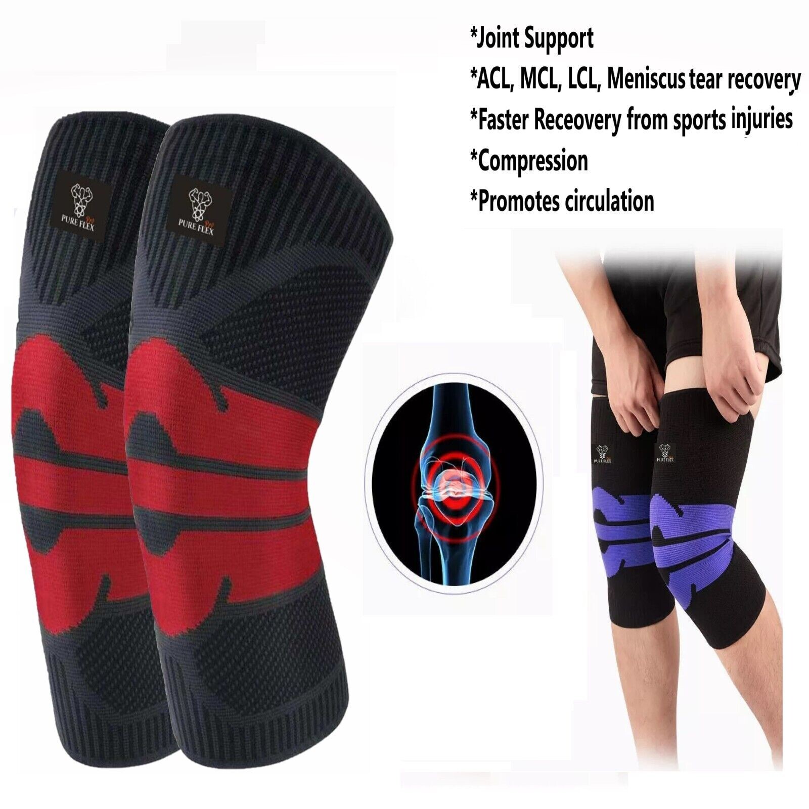 Knee Brace Compression Sleeve Support Sports Recovery ACL LCL MCL Black/Red L