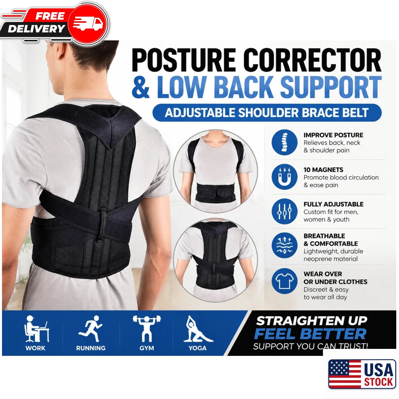 Adjustable Posture Corrector Low Back Support Shoulder Brace Belt for Men Women
