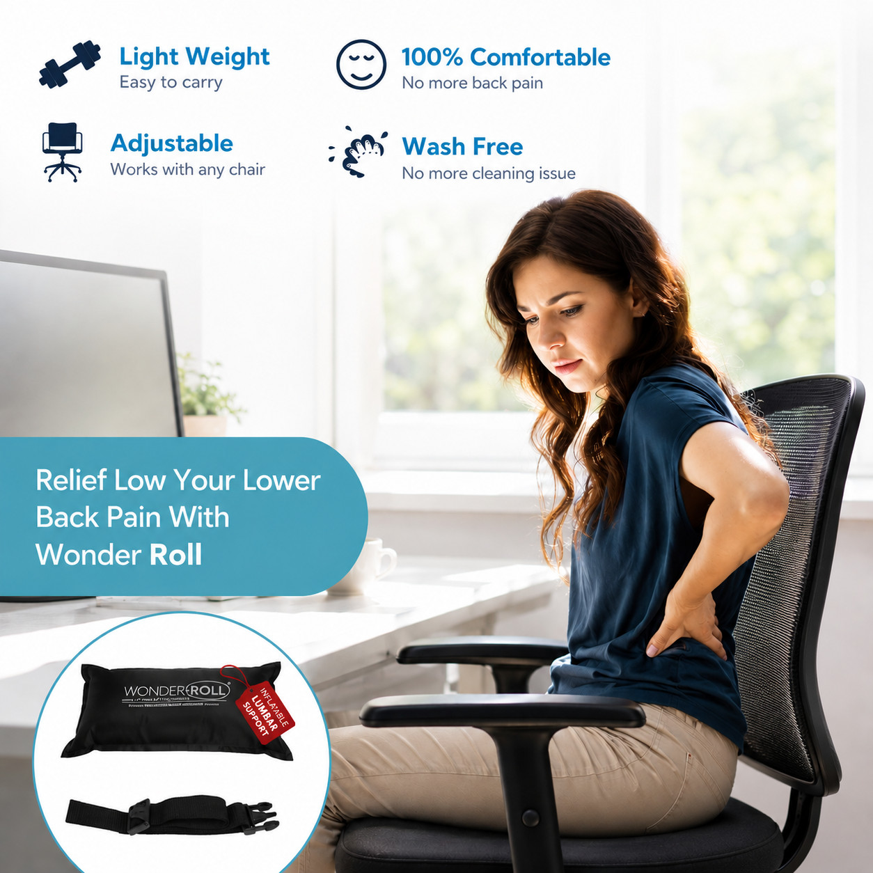 Wonder Roll Inflatable Lumbar Support Pillow–Self Inflating Medical Back Support