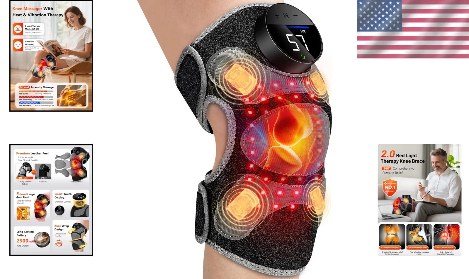 Targeted Knee Brace with 4 Massage Areas & Red Light Therapy – Cord-Free Relief