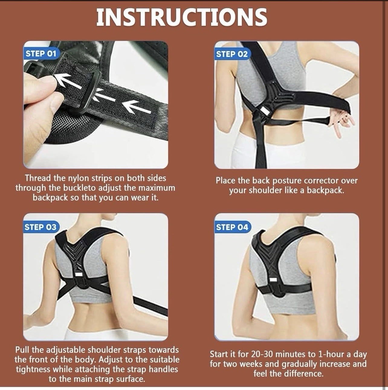 Adjustable Breathable Back Posture Corrector Brace, Nylon, Chest 27-46 in, Black