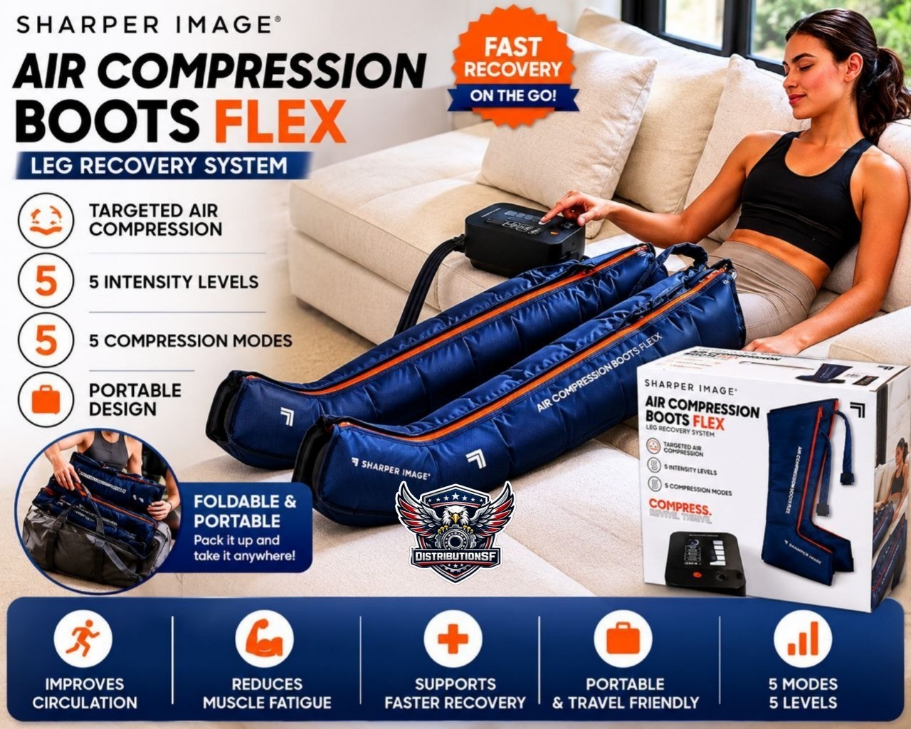 Sharper Image Air Compression Boots Flex Leg Recovery System 5 Modes Portable