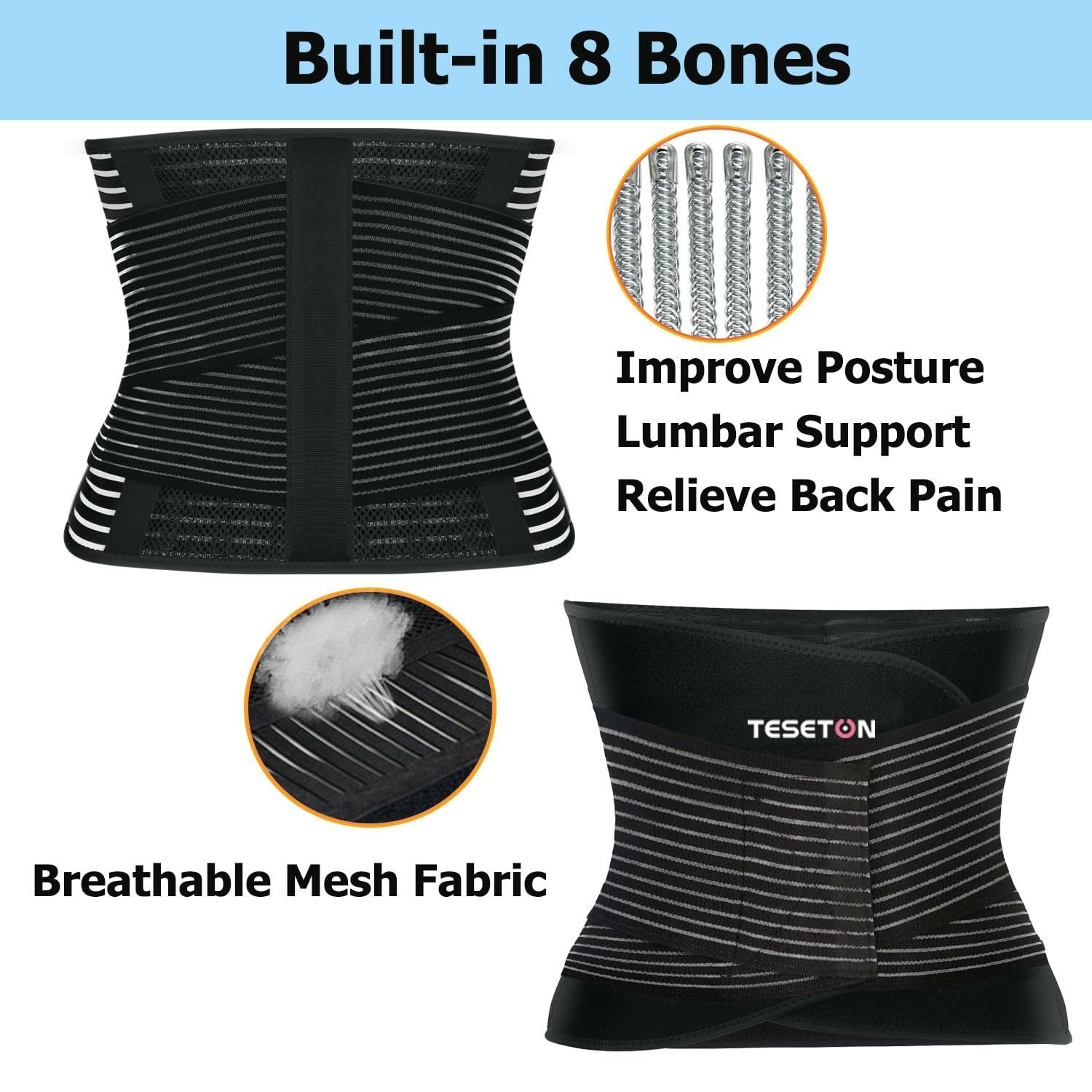 Comfortable Black Back Brace with 8 Supportive Straps – XXL for Everyday Use