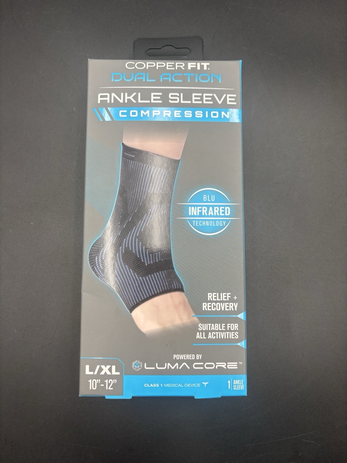 Copper Fit Dual Action Ankle Sleeve Compression L/XL 10″-12″ Blu Infrared NEW