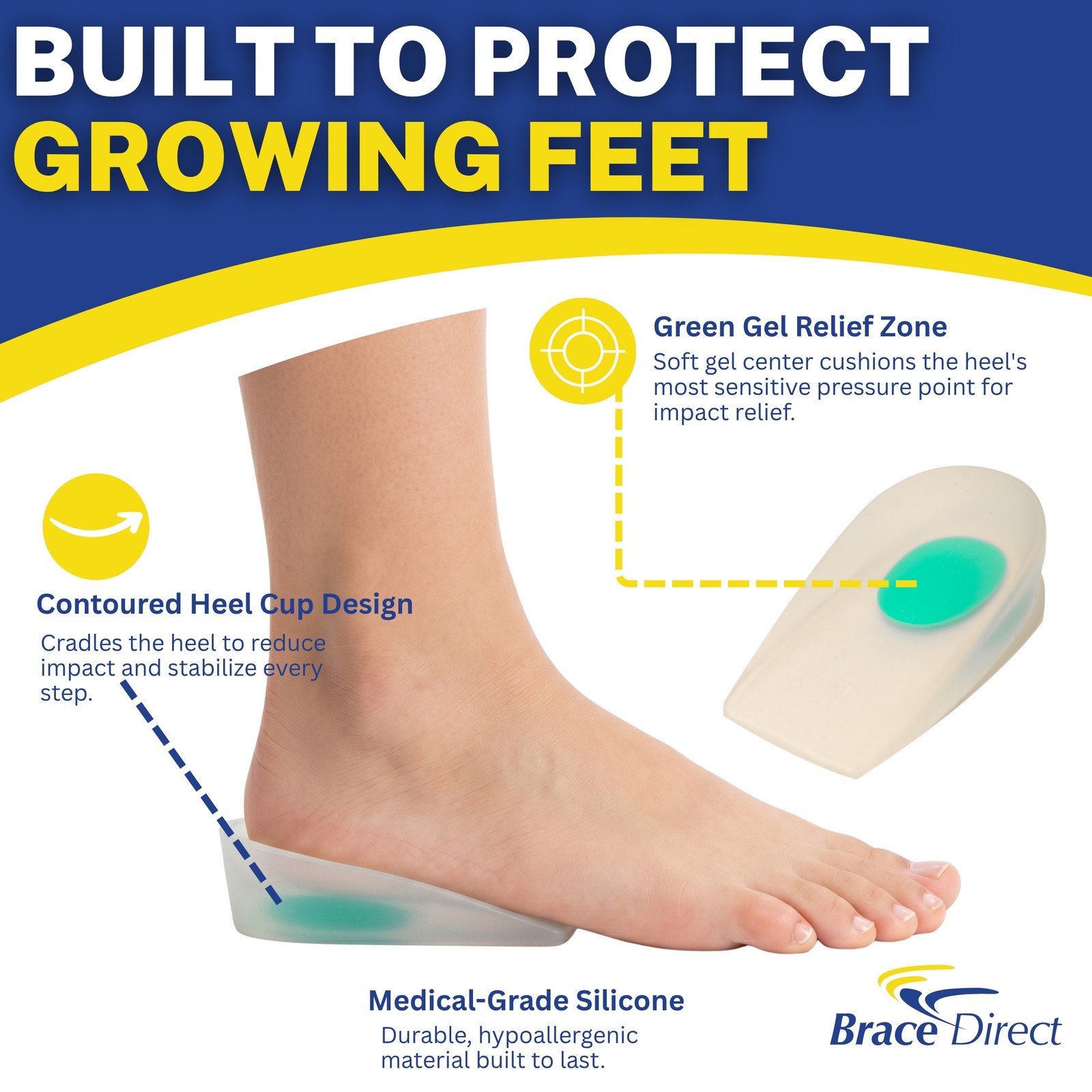 Brace Direct Youth Silicone Heel Cups Sever’s Disease Heel Pain Relief L3485