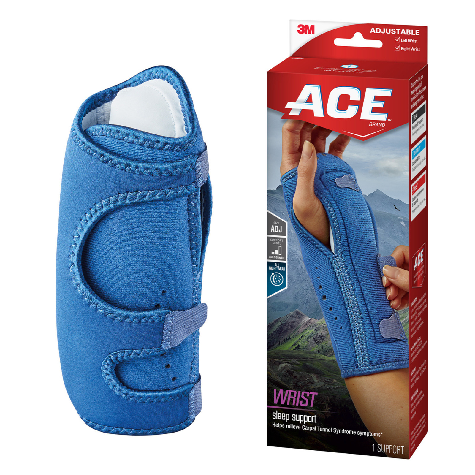 ACE Night Wrist Sleep Support: One Size Adjustable (Navy Blue) [2-pack] 209626