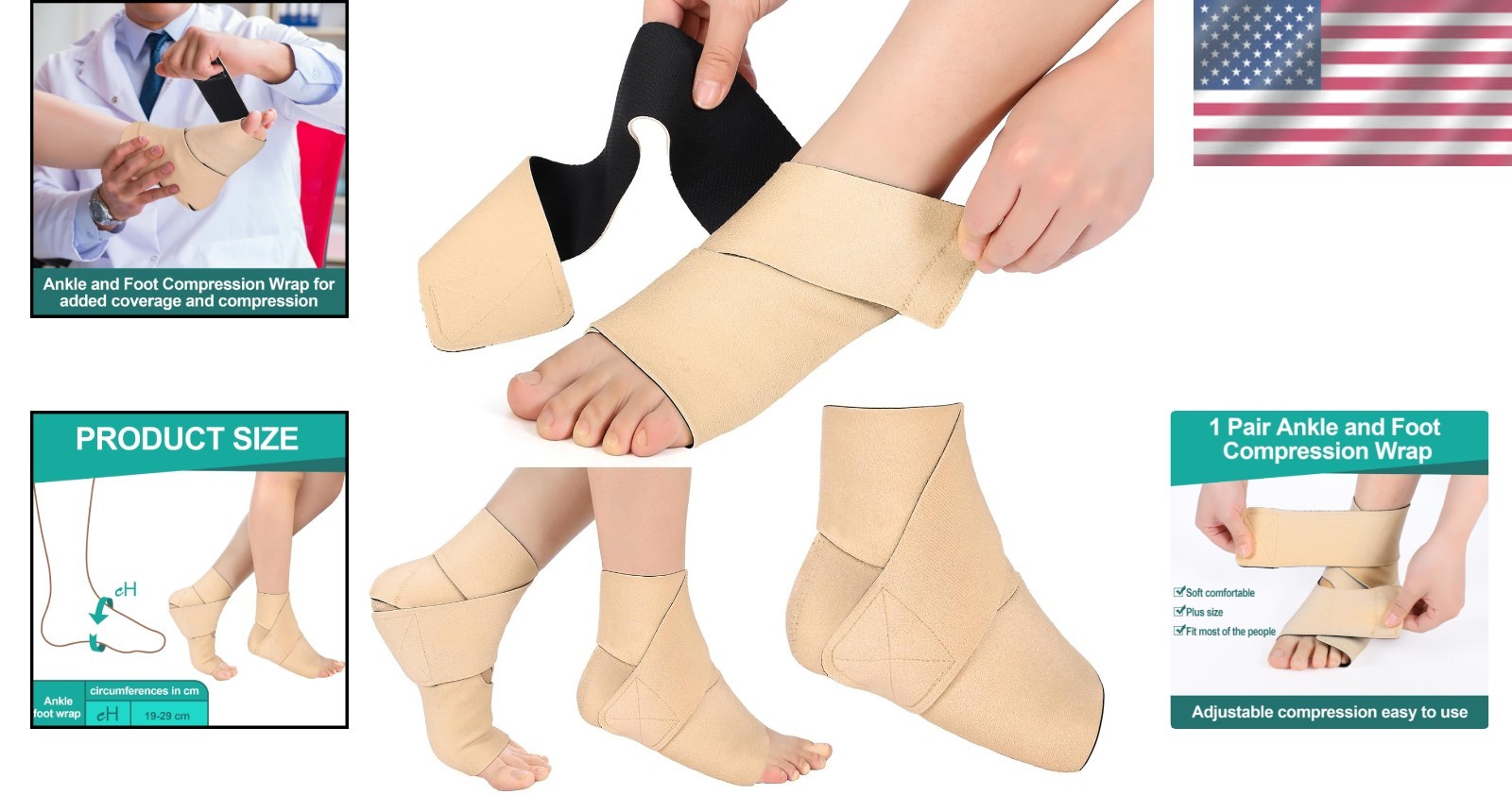 2-Pack Ankle & Foot Compression Wraps, Adjustable Lymphedema Support Braces Unis