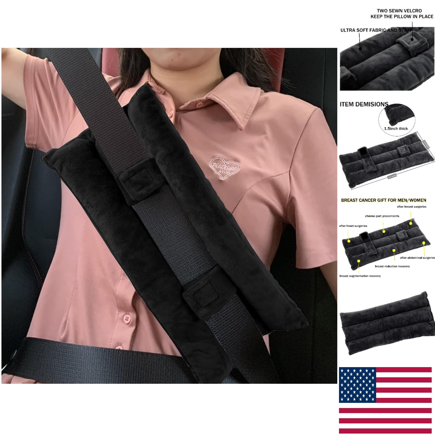Lightweight Adjustable Seat Belt Pillow for Comfort During Mastectomy Recoveries