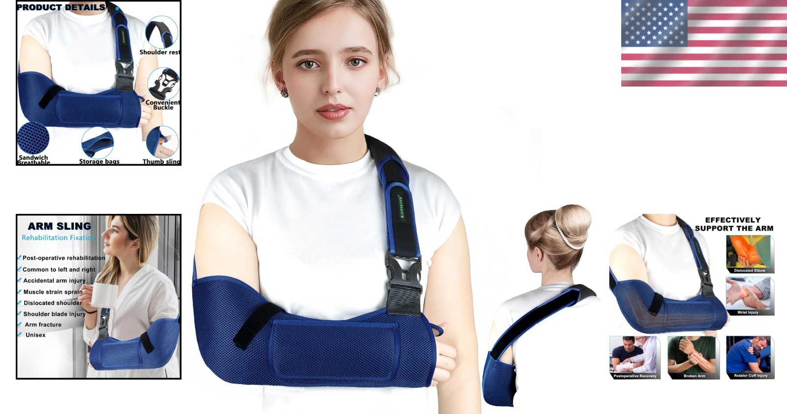 Adjustable Breathable Arm Sling – Padded Support Brace with Storage Pocket, Blue