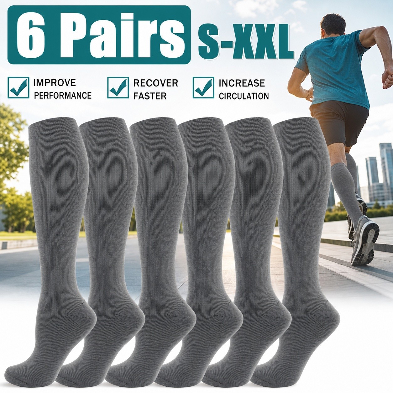 S/M-XXL Copper Compression Socks 20-30mmHg Graduated Support Mens Womens 6 Pairs