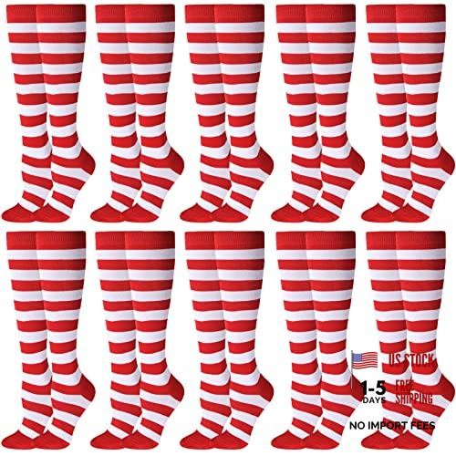 10 Pairs Rainbow Striped Knee High Socks Novelty Clown Sock 6-13 Red White